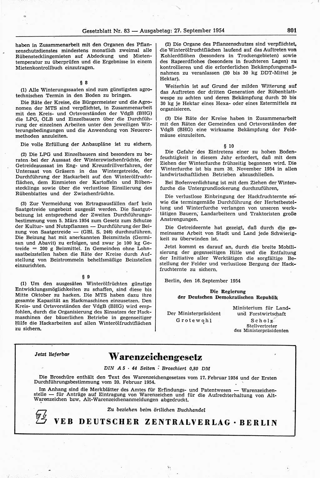 Gesetzblatt (GBl.) der Deutschen Demokratischen Republik (DDR) 1954, Seite 801 (GBl. DDR 1954, S. 801)