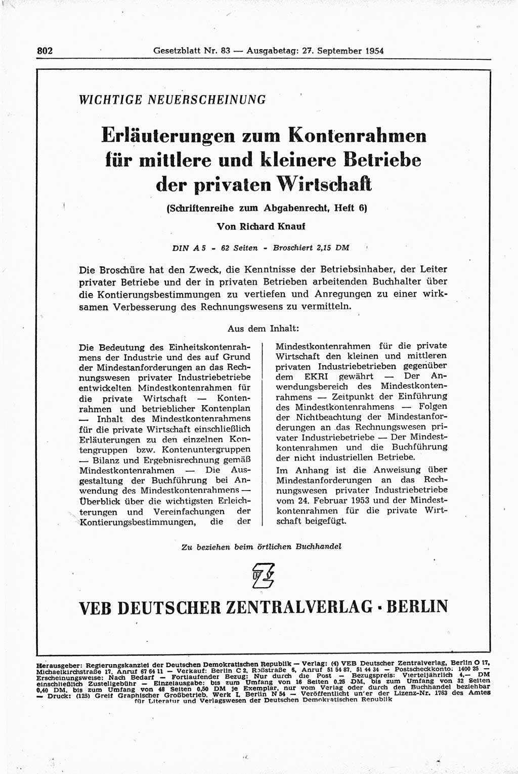 Gesetzblatt (GBl.) der Deutschen Demokratischen Republik (DDR) 1954, Seite 802 (GBl. DDR 1954, S. 802)