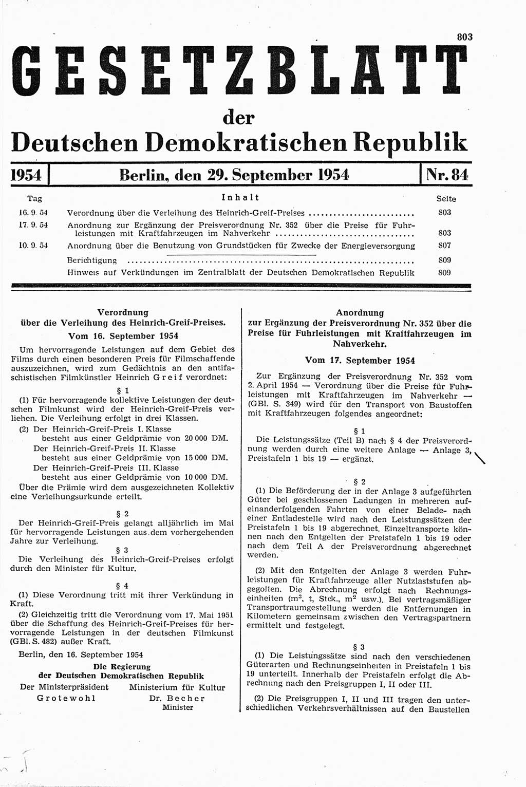 Gesetzblatt (GBl.) der Deutschen Demokratischen Republik (DDR) 1954, Seite 803 (GBl. DDR 1954, S. 803)