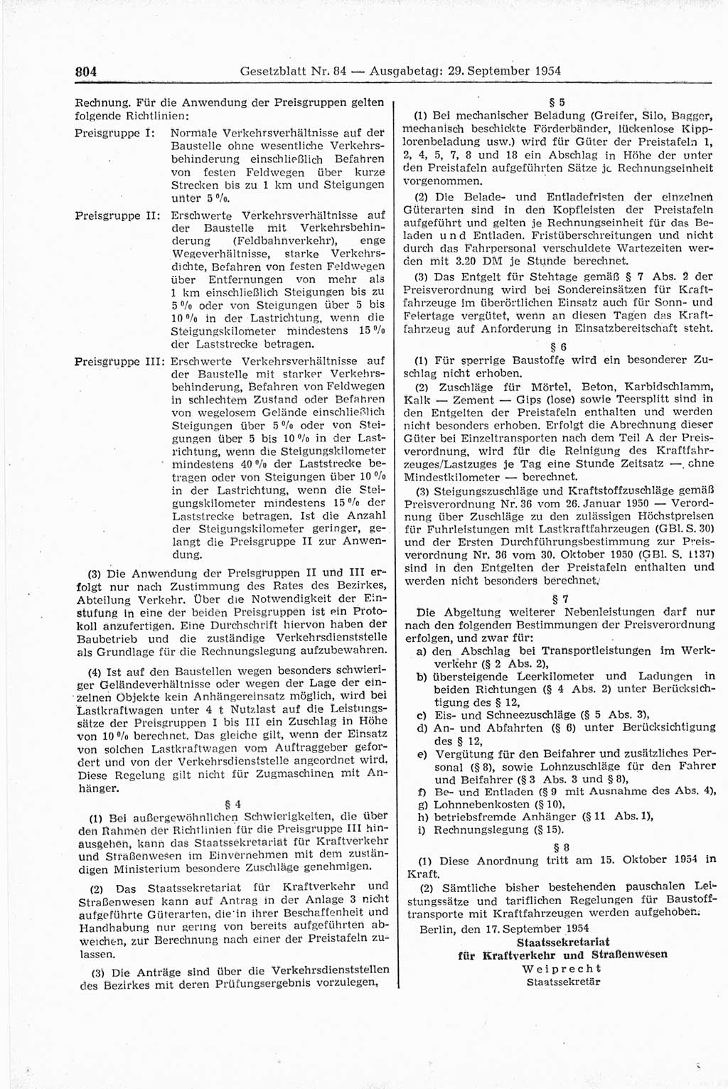Gesetzblatt (GBl.) der Deutschen Demokratischen Republik (DDR) 1954, Seite 804 (GBl. DDR 1954, S. 804)
