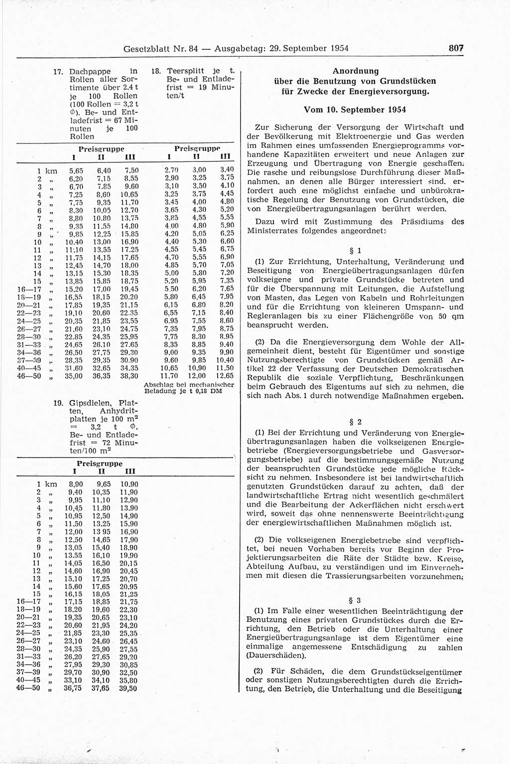 Gesetzblatt (GBl.) der Deutschen Demokratischen Republik (DDR) 1954, Seite 807 (GBl. DDR 1954, S. 807)