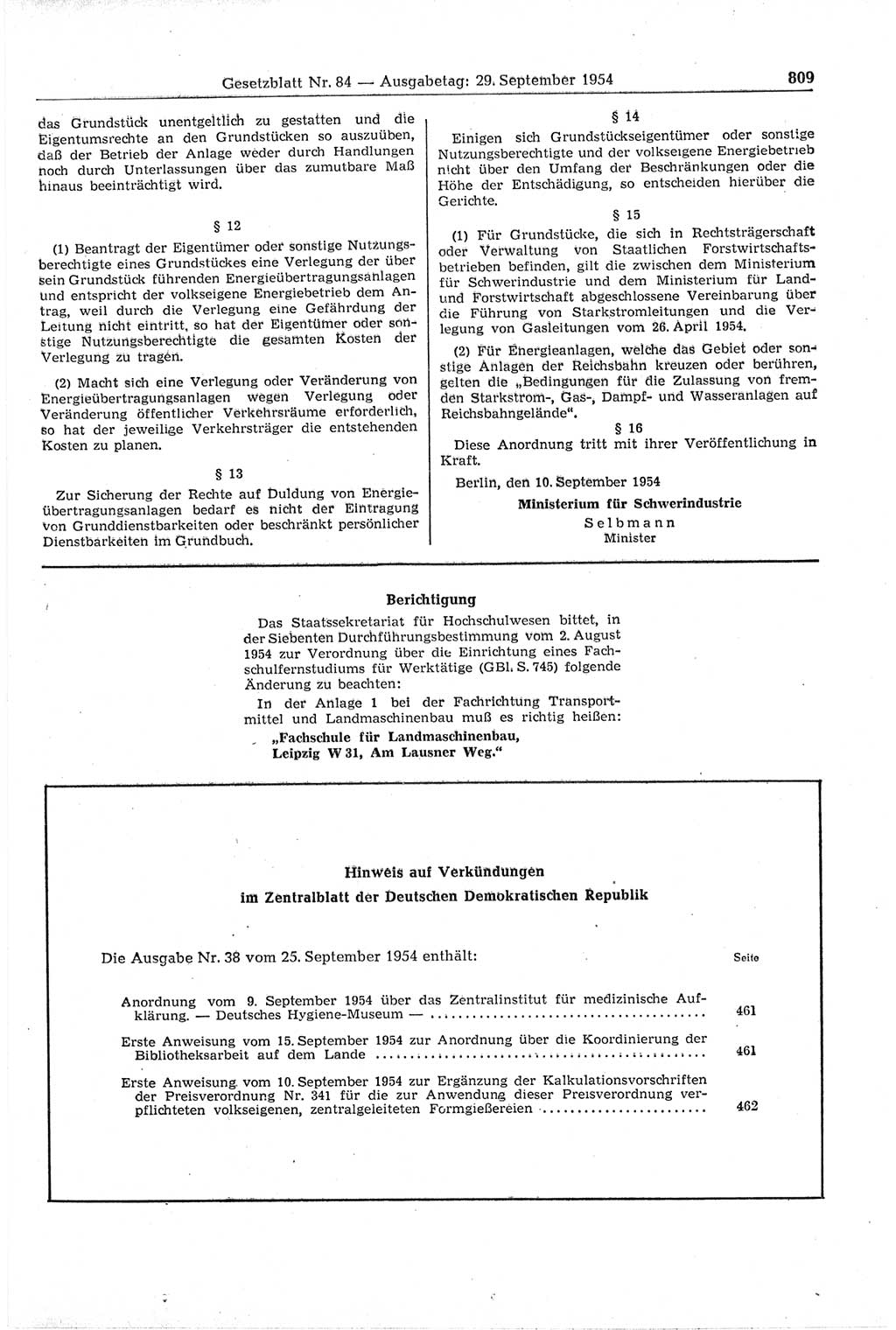 Gesetzblatt (GBl.) der Deutschen Demokratischen Republik (DDR) 1954, Seite 809 (GBl. DDR 1954, S. 809)