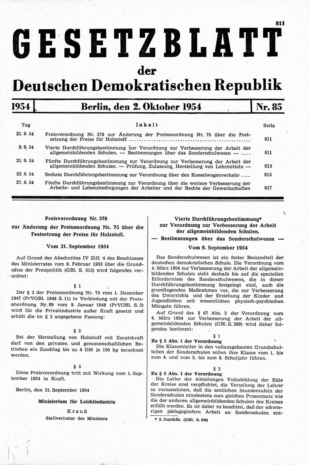 Gesetzblatt (GBl.) der Deutschen Demokratischen Republik (DDR) 1954, Seite 811 (GBl. DDR 1954, S. 811)