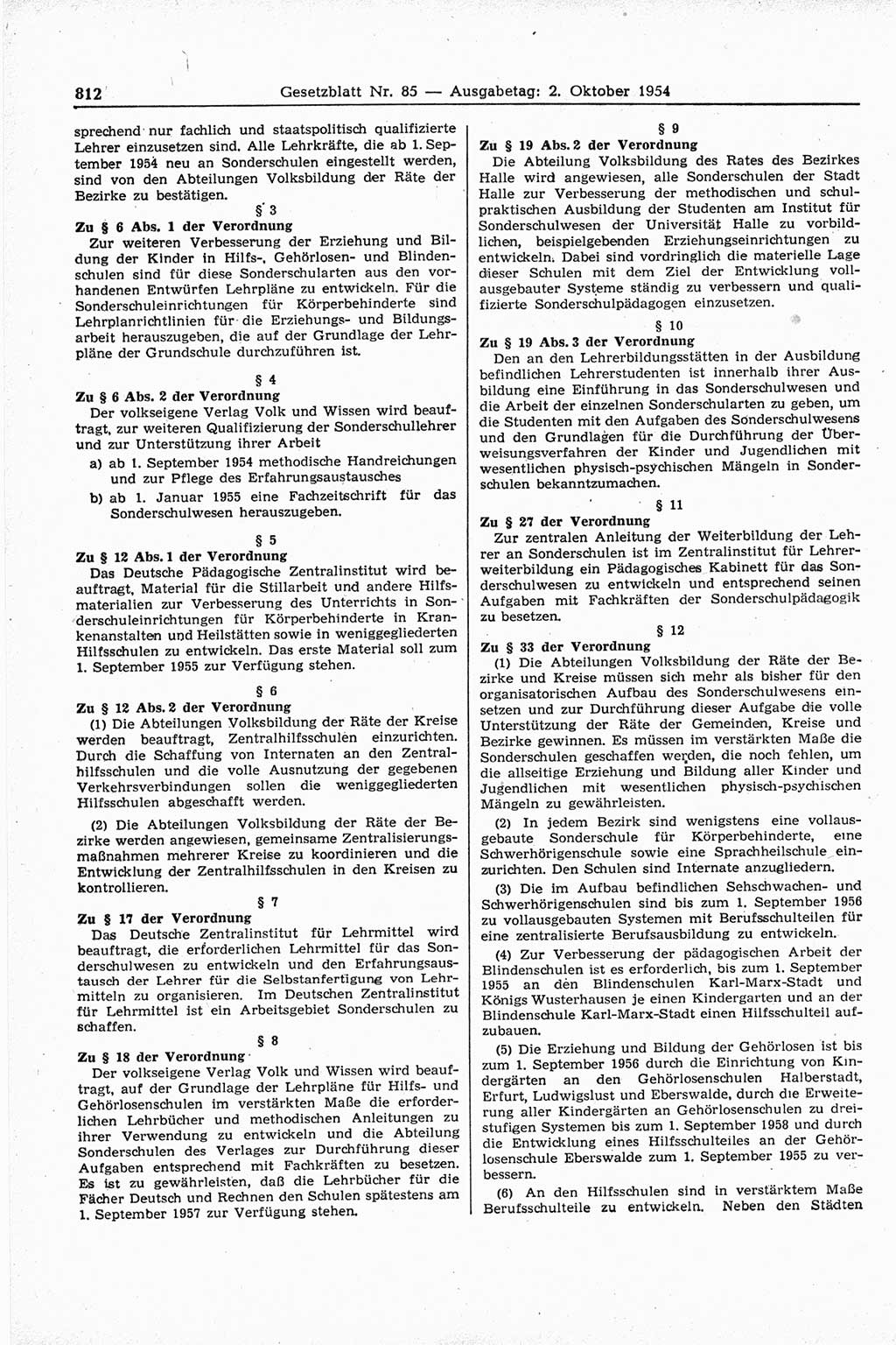 Gesetzblatt (GBl.) der Deutschen Demokratischen Republik (DDR) 1954, Seite 812 (GBl. DDR 1954, S. 812)