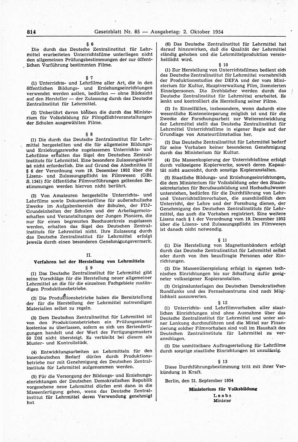 Gesetzblatt (GBl.) der Deutschen Demokratischen Republik (DDR) 1954, Seite 814 (GBl. DDR 1954, S. 814)