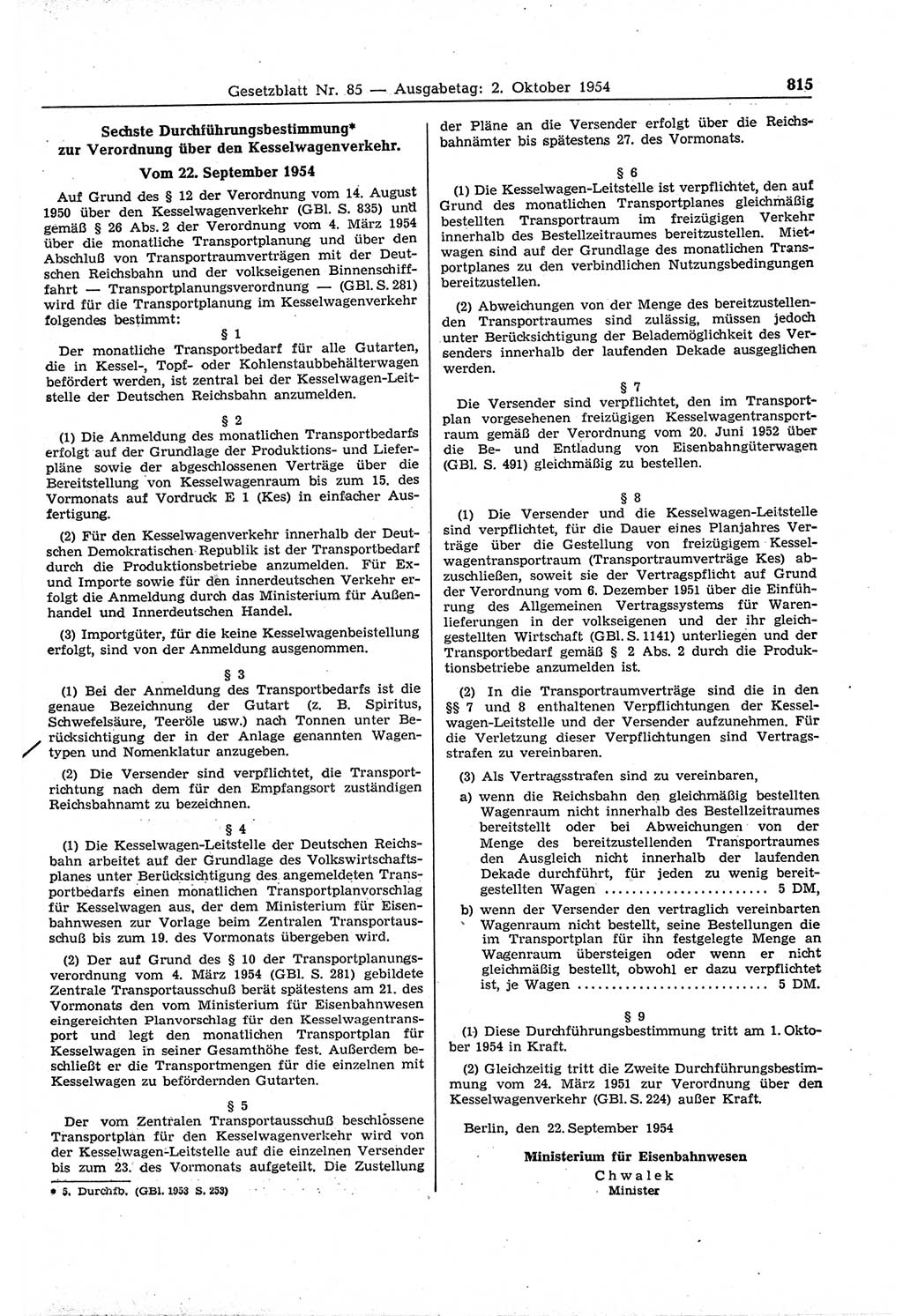 Gesetzblatt (GBl.) der Deutschen Demokratischen Republik (DDR) 1954, Seite 815 (GBl. DDR 1954, S. 815)