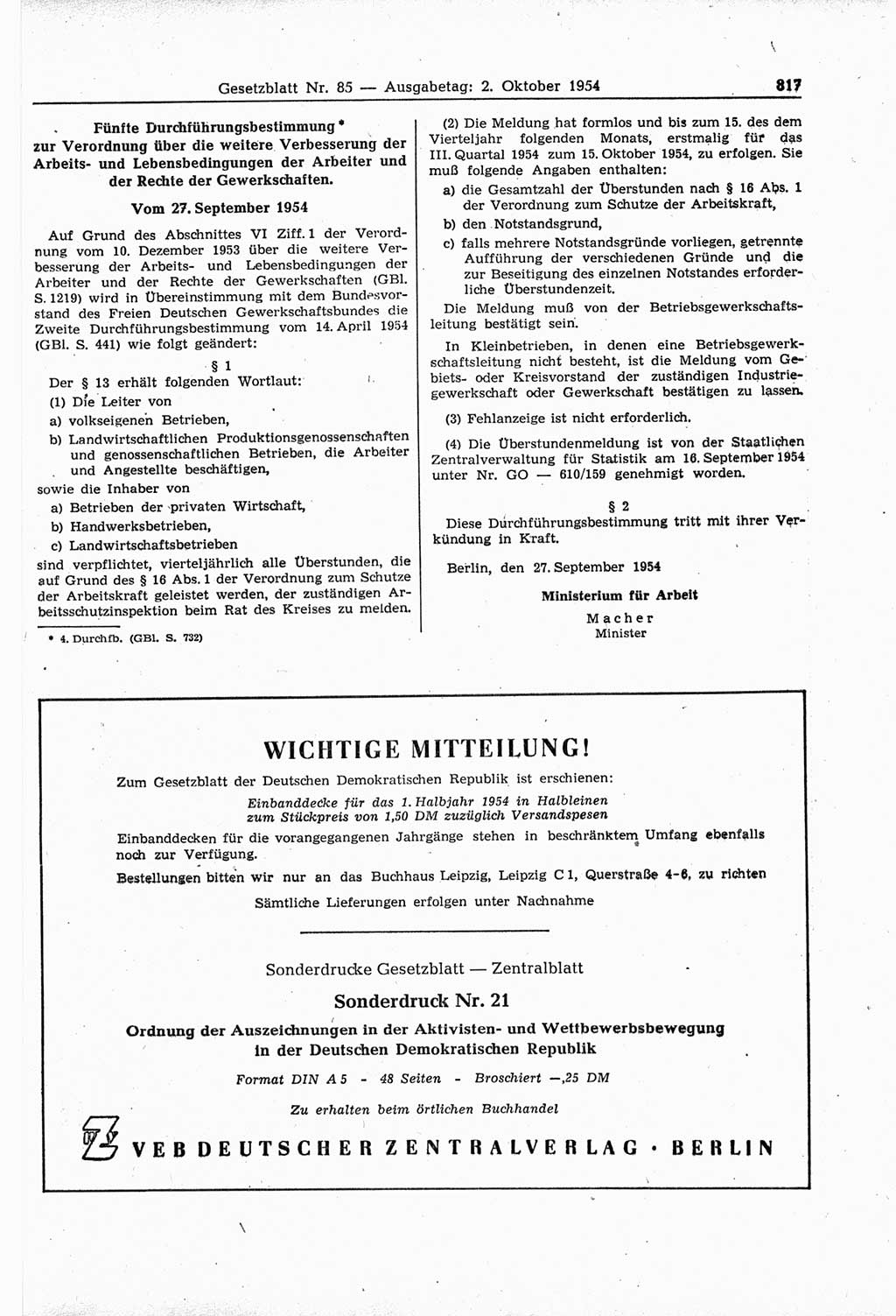 Gesetzblatt (GBl.) der Deutschen Demokratischen Republik (DDR) 1954, Seite 817 (GBl. DDR 1954, S. 817)