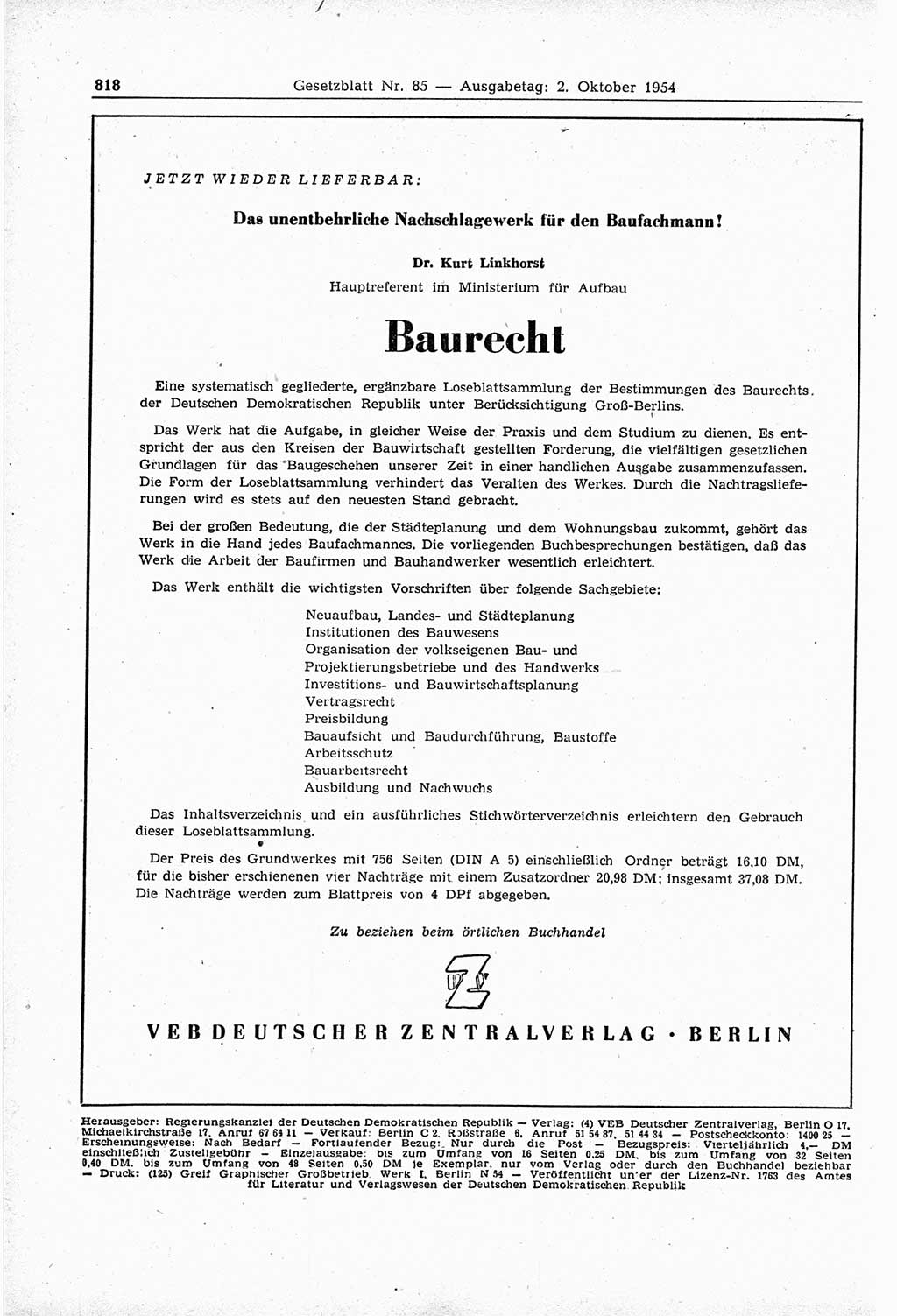 Gesetzblatt (GBl.) der Deutschen Demokratischen Republik (DDR) 1954, Seite 818 (GBl. DDR 1954, S. 818)