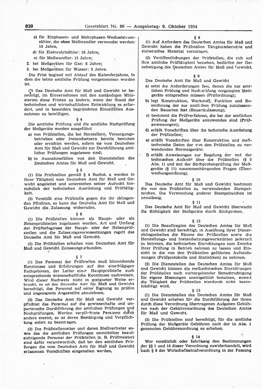 Gesetzblatt (GBl.) der Deutschen Demokratischen Republik (DDR) 1954, Seite 820 (GBl. DDR 1954, S. 820)