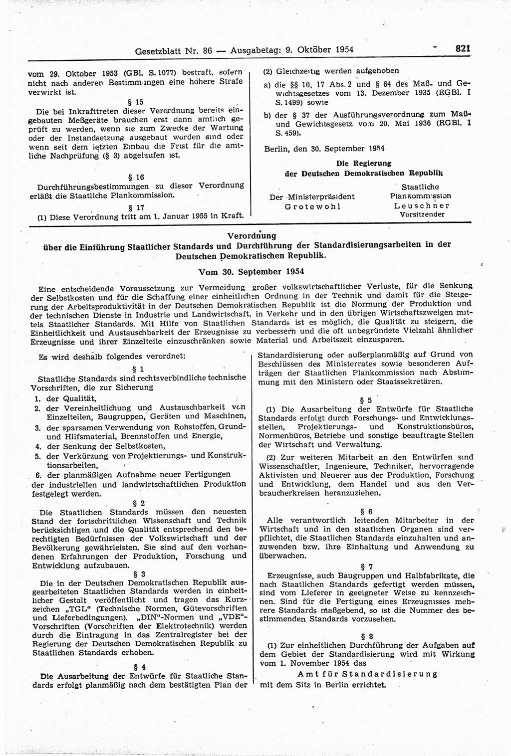 Gesetzblatt (GBl.) der Deutschen Demokratischen Republik (DDR) 1954, Seite 821 (GBl. DDR 1954, S. 821)