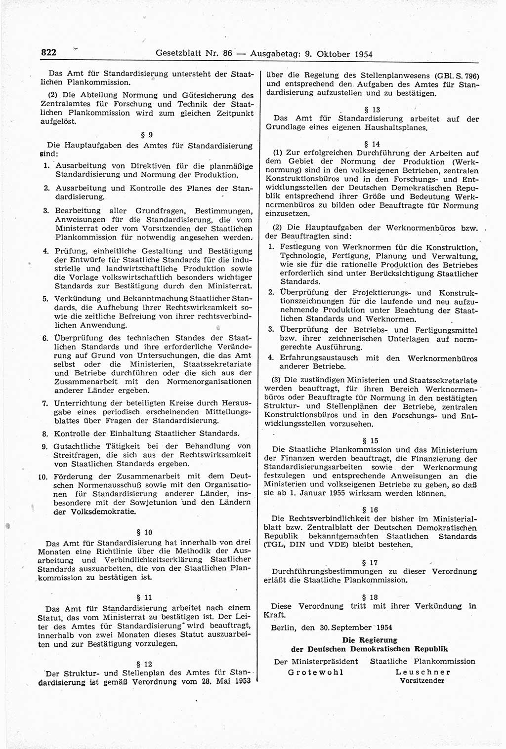 Gesetzblatt (GBl.) der Deutschen Demokratischen Republik (DDR) 1954, Seite 822 (GBl. DDR 1954, S. 822)