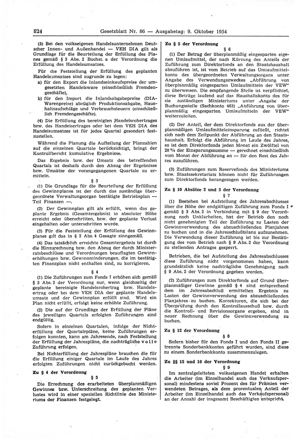 Gesetzblatt (GBl.) der Deutschen Demokratischen Republik (DDR) 1954, Seite 824 (GBl. DDR 1954, S. 824)