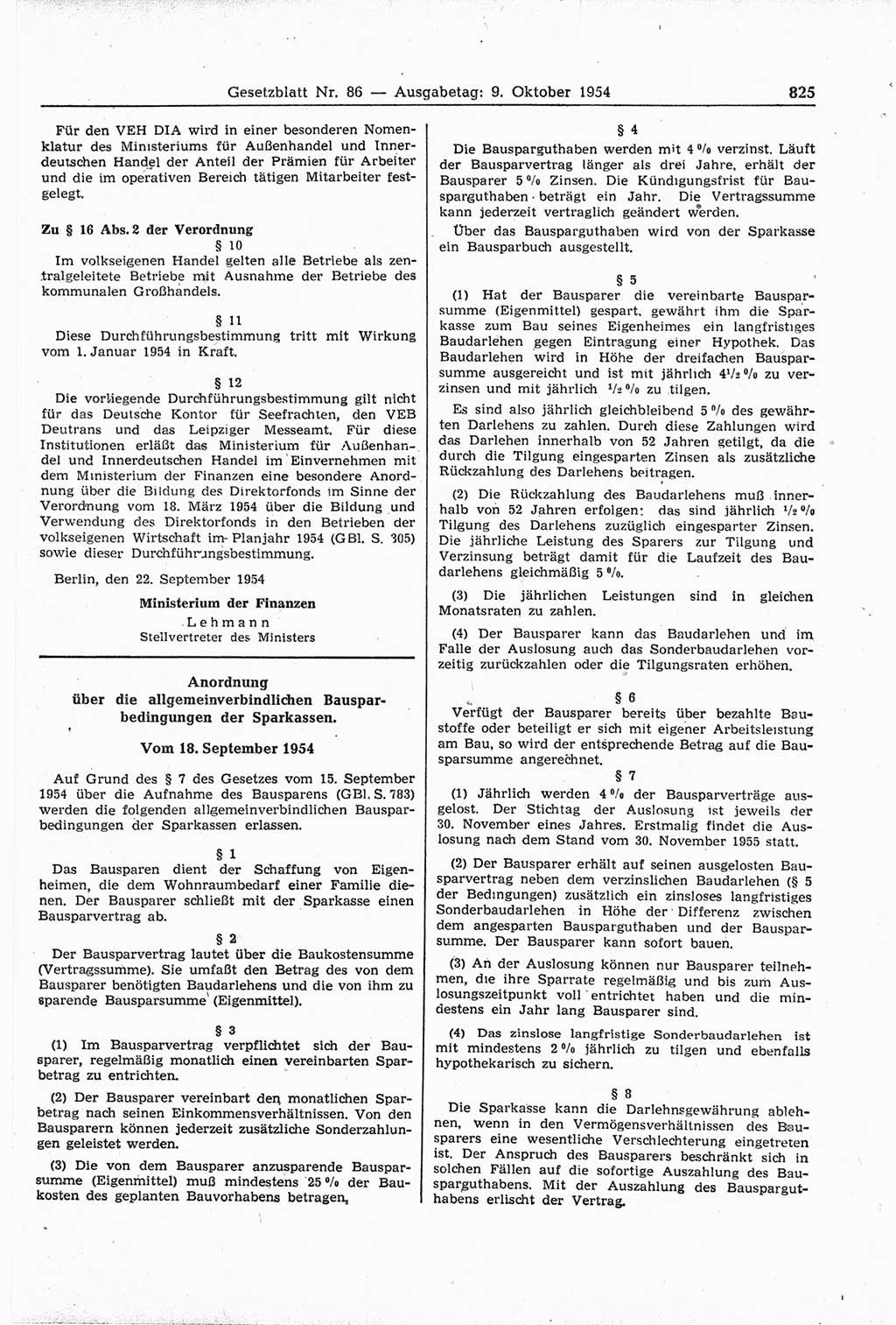 Gesetzblatt (GBl.) der Deutschen Demokratischen Republik (DDR) 1954, Seite 825 (GBl. DDR 1954, S. 825)