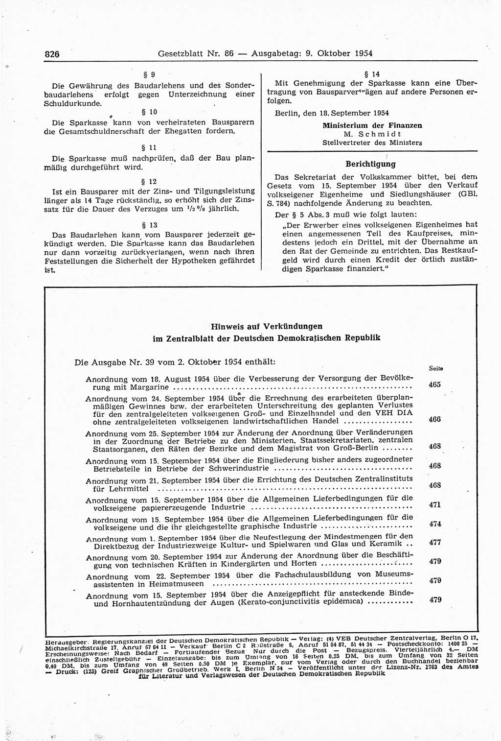 Gesetzblatt (GBl.) der Deutschen Demokratischen Republik (DDR) 1954, Seite 826 (GBl. DDR 1954, S. 826)