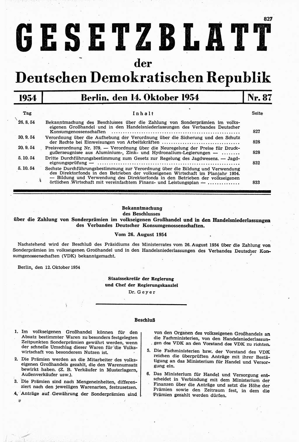 Gesetzblatt (GBl.) der Deutschen Demokratischen Republik (DDR) 1954, Seite 827 (GBl. DDR 1954, S. 827)