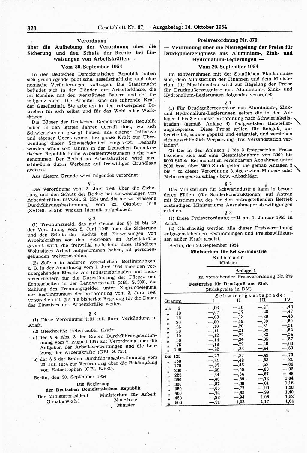 Gesetzblatt (GBl.) der Deutschen Demokratischen Republik (DDR) 1954, Seite 828 (GBl. DDR 1954, S. 828)