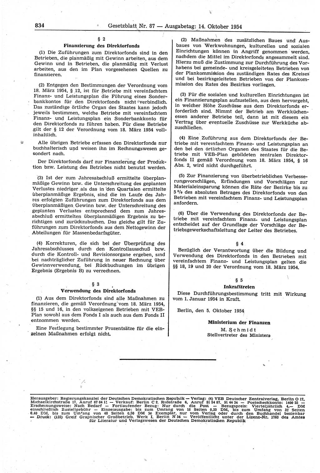 Gesetzblatt (GBl.) der Deutschen Demokratischen Republik (DDR) 1954, Seite 834 (GBl. DDR 1954, S. 834)