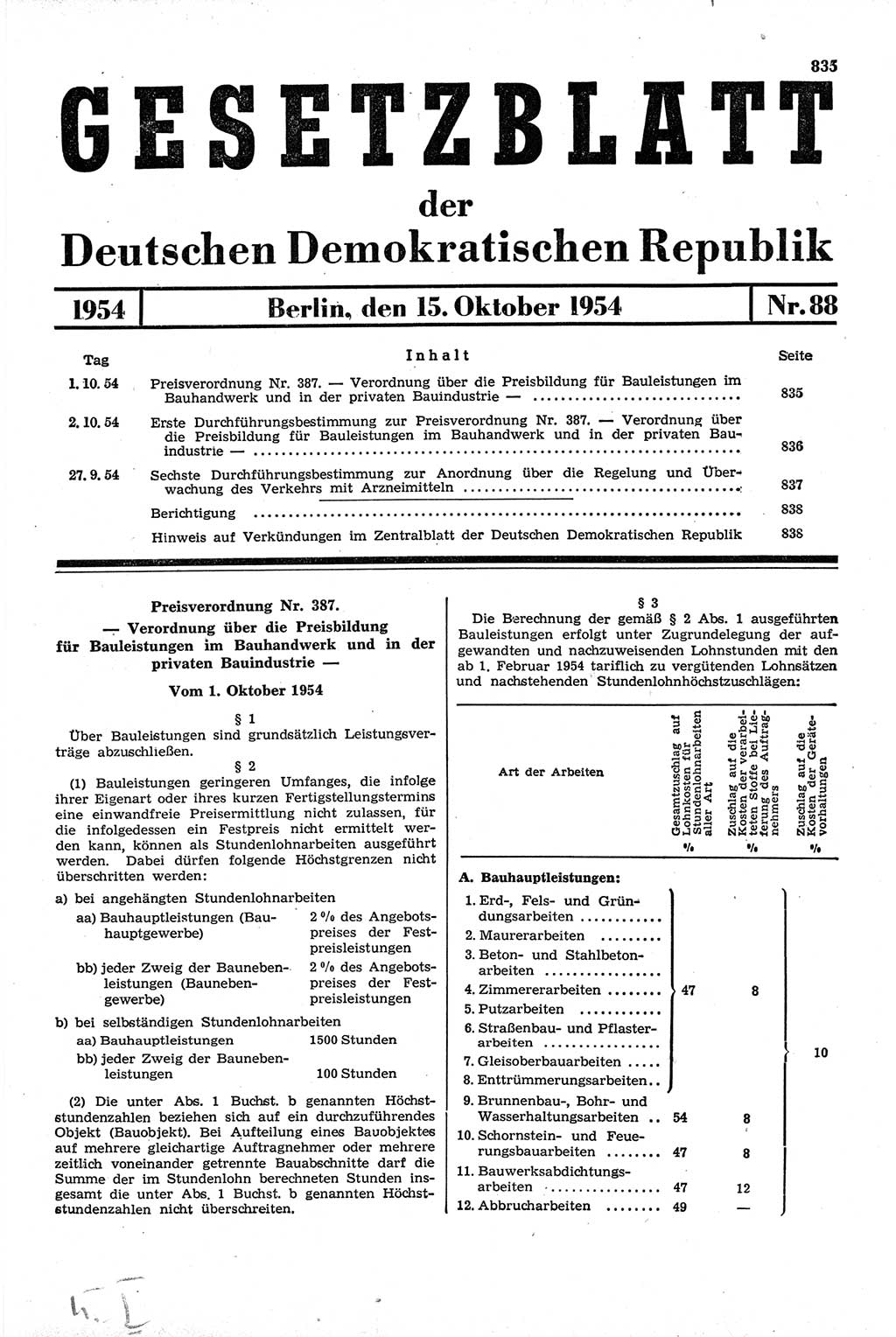 Gesetzblatt (GBl.) der Deutschen Demokratischen Republik (DDR) 1954, Seite 835 (GBl. DDR 1954, S. 835)