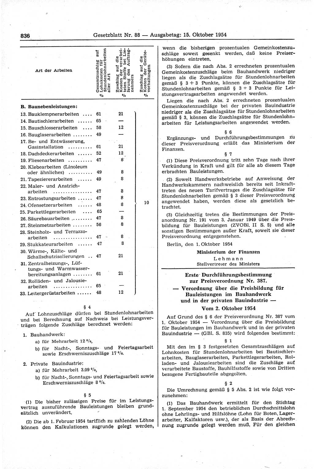 Gesetzblatt (GBl.) der Deutschen Demokratischen Republik (DDR) 1954, Seite 836 (GBl. DDR 1954, S. 836)