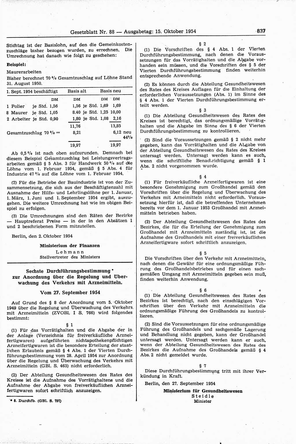 Gesetzblatt (GBl.) der Deutschen Demokratischen Republik (DDR) 1954, Seite 837 (GBl. DDR 1954, S. 837)