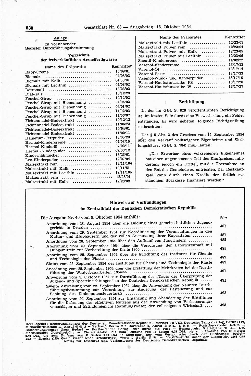 Gesetzblatt (GBl.) der Deutschen Demokratischen Republik (DDR) 1954, Seite 838 (GBl. DDR 1954, S. 838)