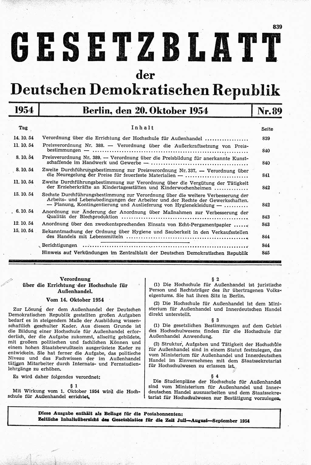 Gesetzblatt (GBl.) der Deutschen Demokratischen Republik (DDR) 1954, Seite 839 (GBl. DDR 1954, S. 839)