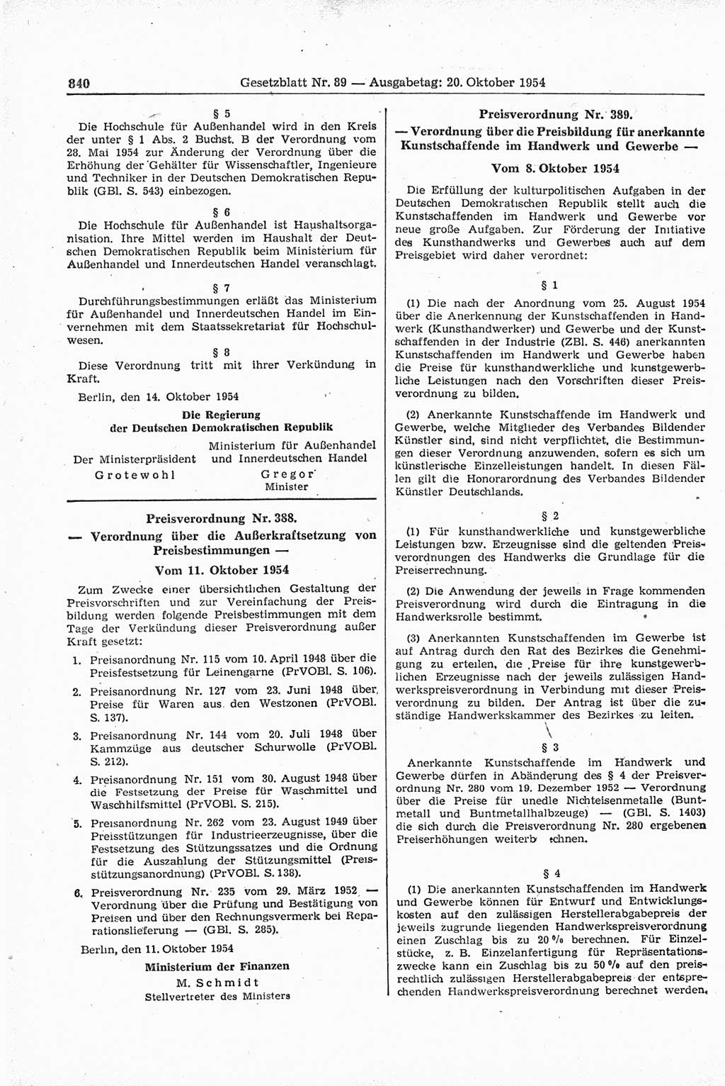 Gesetzblatt (GBl.) der Deutschen Demokratischen Republik (DDR) 1954, Seite 840 (GBl. DDR 1954, S. 840)