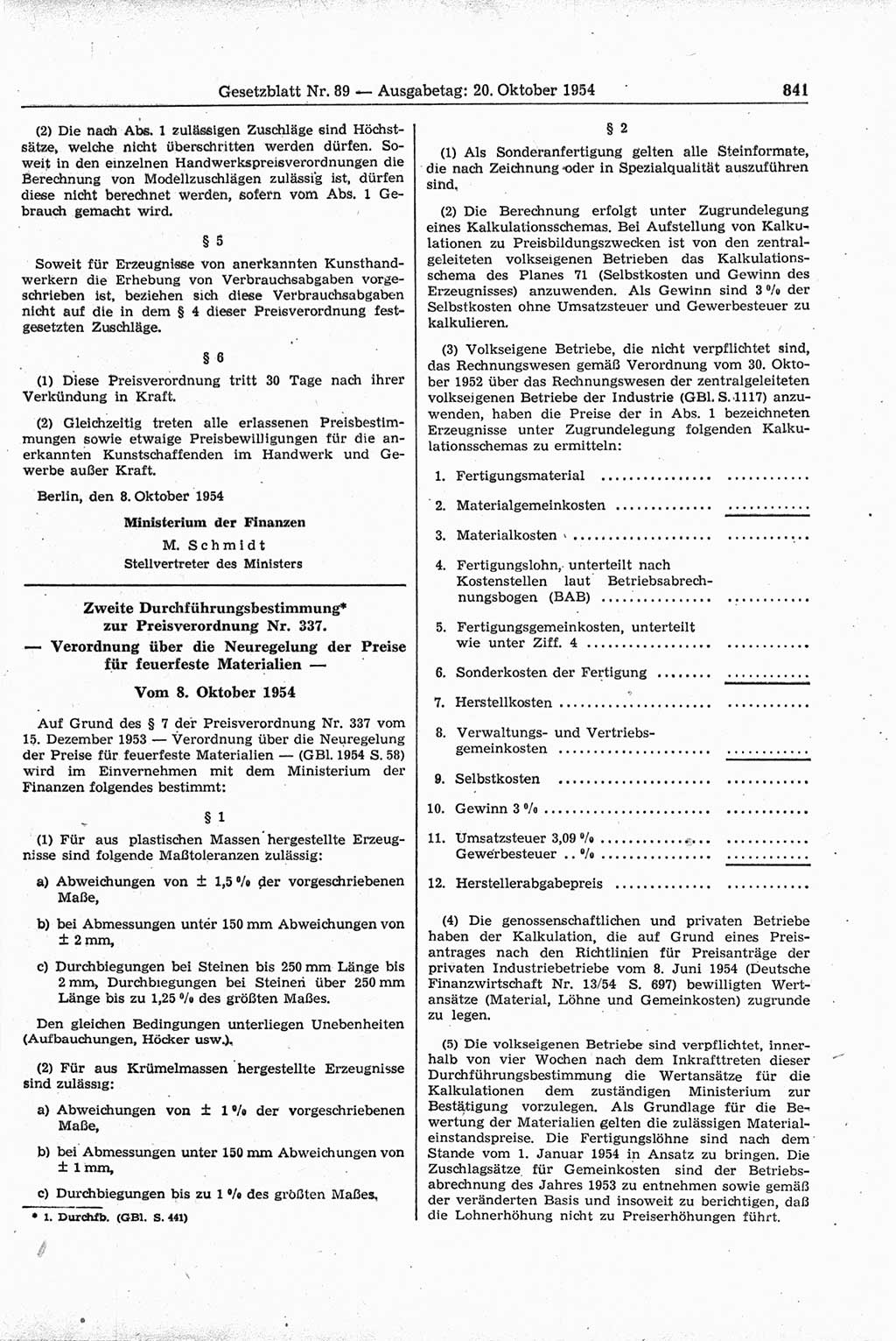 Gesetzblatt (GBl.) der Deutschen Demokratischen Republik (DDR) 1954, Seite 841 (GBl. DDR 1954, S. 841)