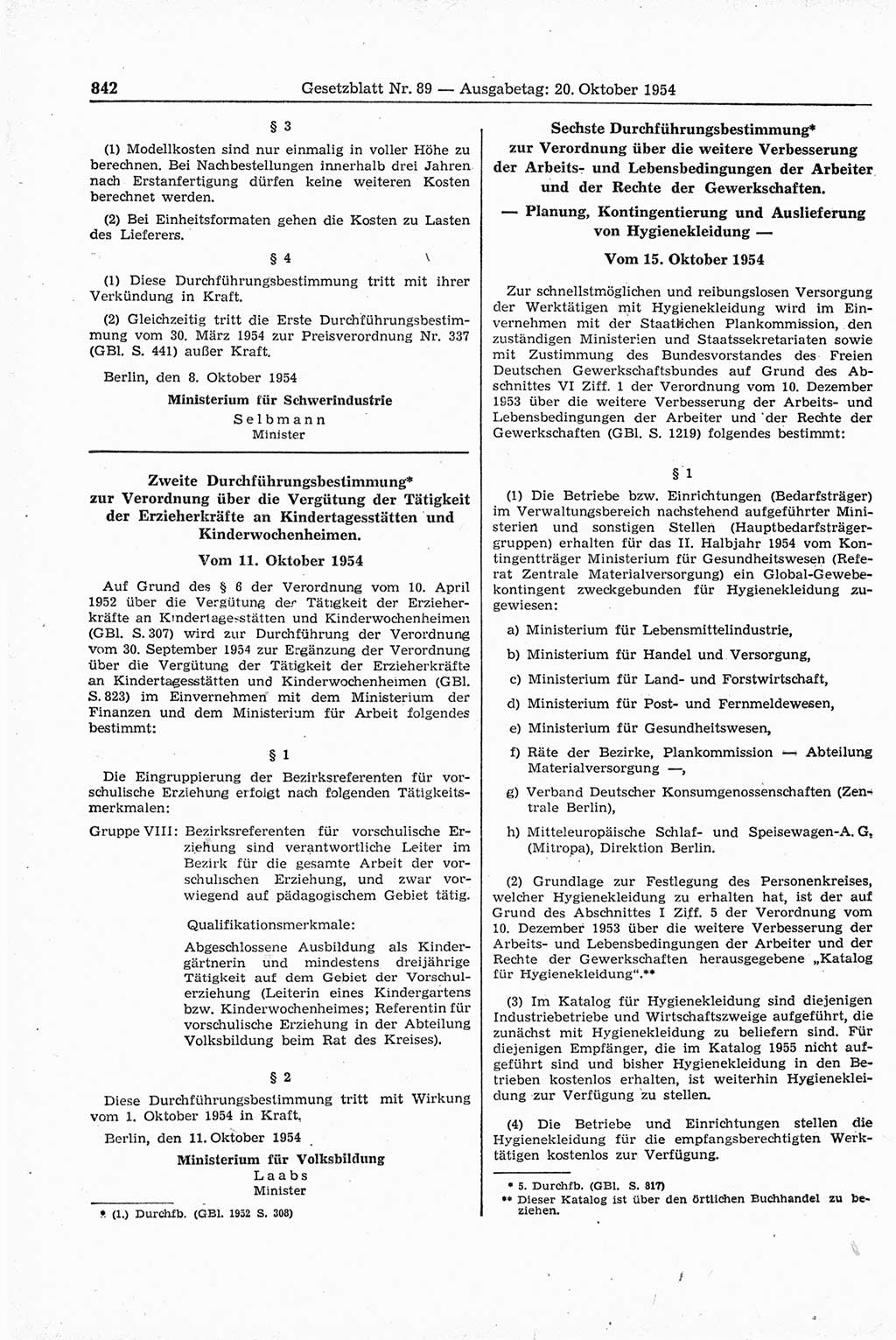 Gesetzblatt (GBl.) der Deutschen Demokratischen Republik (DDR) 1954, Seite 842 (GBl. DDR 1954, S. 842)