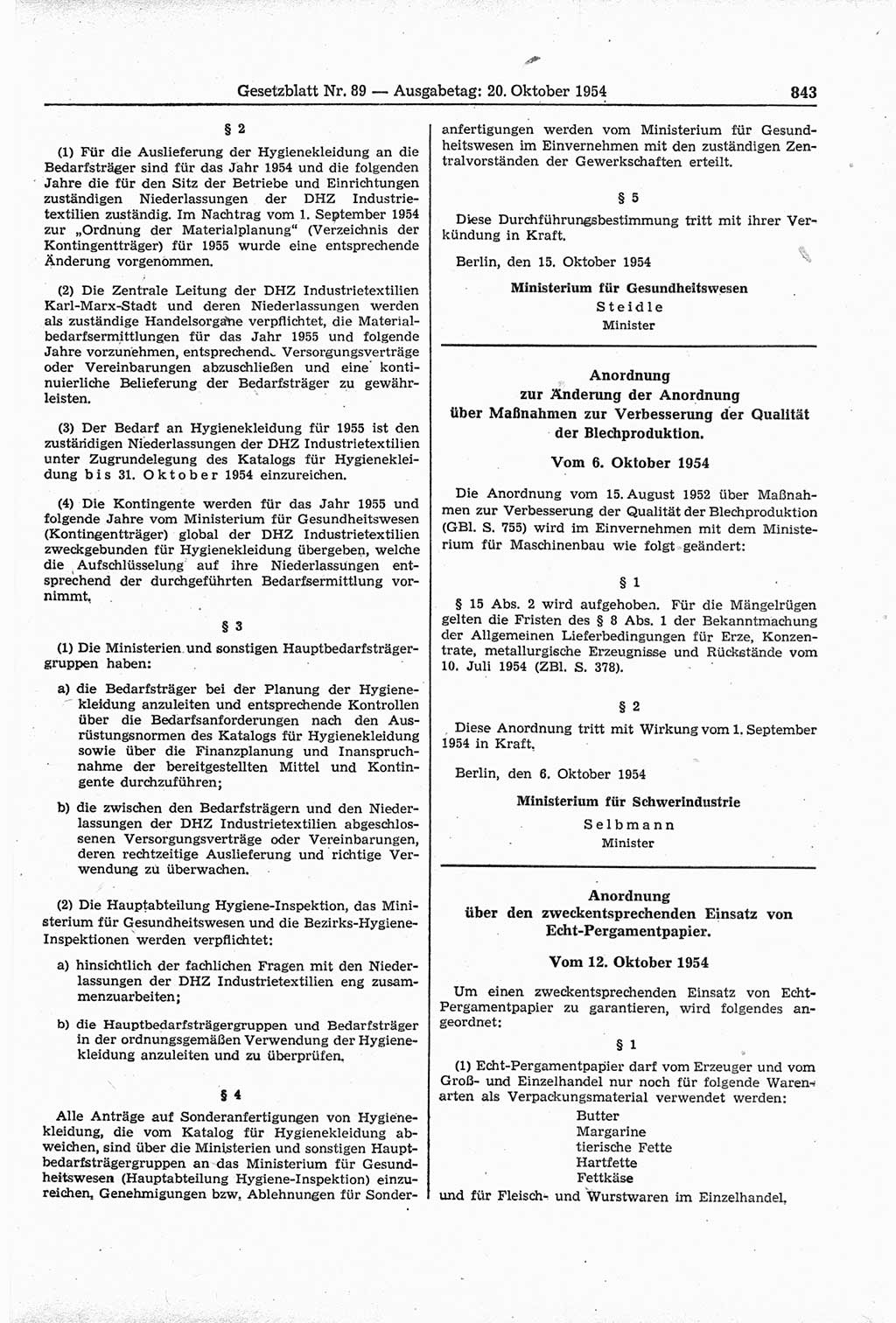 Gesetzblatt (GBl.) der Deutschen Demokratischen Republik (DDR) 1954, Seite 843 (GBl. DDR 1954, S. 843)