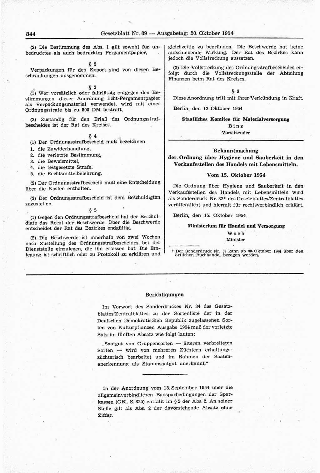 Gesetzblatt (GBl.) der Deutschen Demokratischen Republik (DDR) 1954, Seite 844 (GBl. DDR 1954, S. 844)