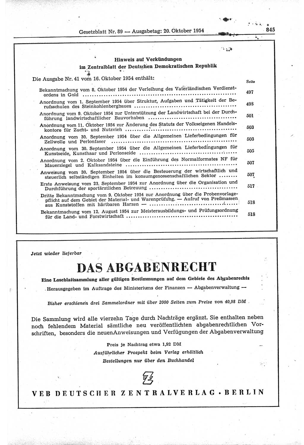 Gesetzblatt (GBl.) der Deutschen Demokratischen Republik (DDR) 1954, Seite 845 (GBl. DDR 1954, S. 845)