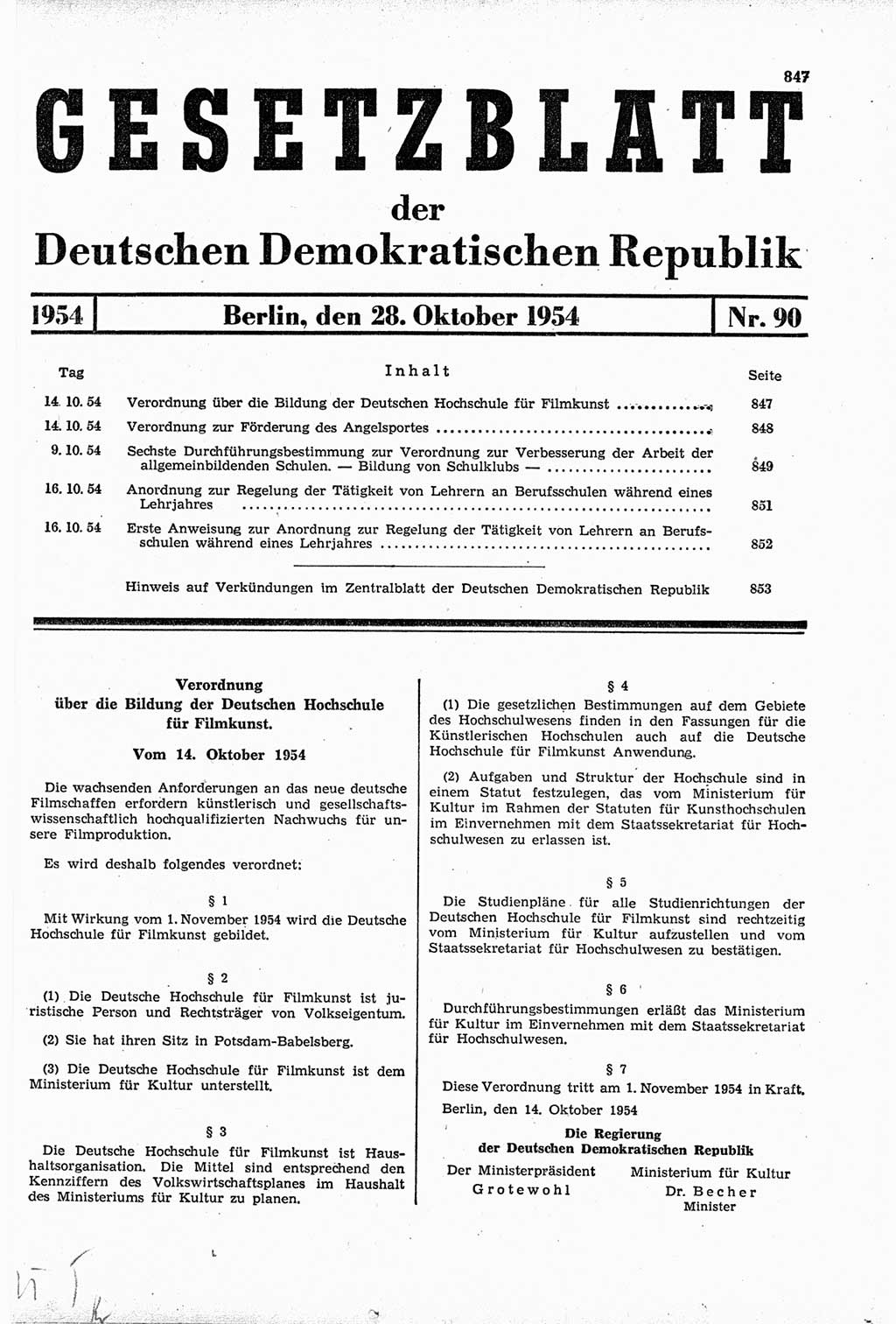 Gesetzblatt (GBl.) der Deutschen Demokratischen Republik (DDR) 1954, Seite 847 (GBl. DDR 1954, S. 847)