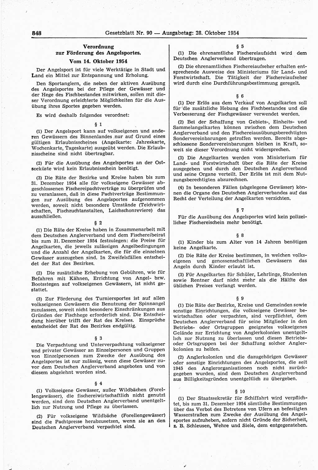 Gesetzblatt (GBl.) der Deutschen Demokratischen Republik (DDR) 1954, Seite 848 (GBl. DDR 1954, S. 848)