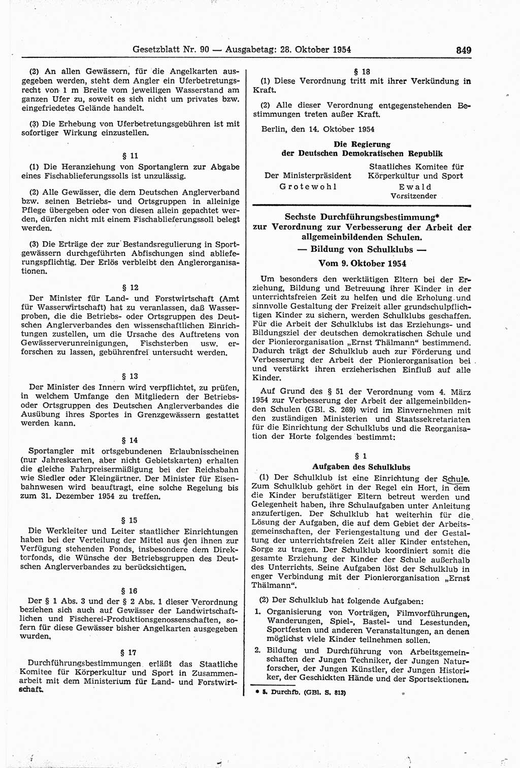 Gesetzblatt (GBl.) der Deutschen Demokratischen Republik (DDR) 1954, Seite 849 (GBl. DDR 1954, S. 849)