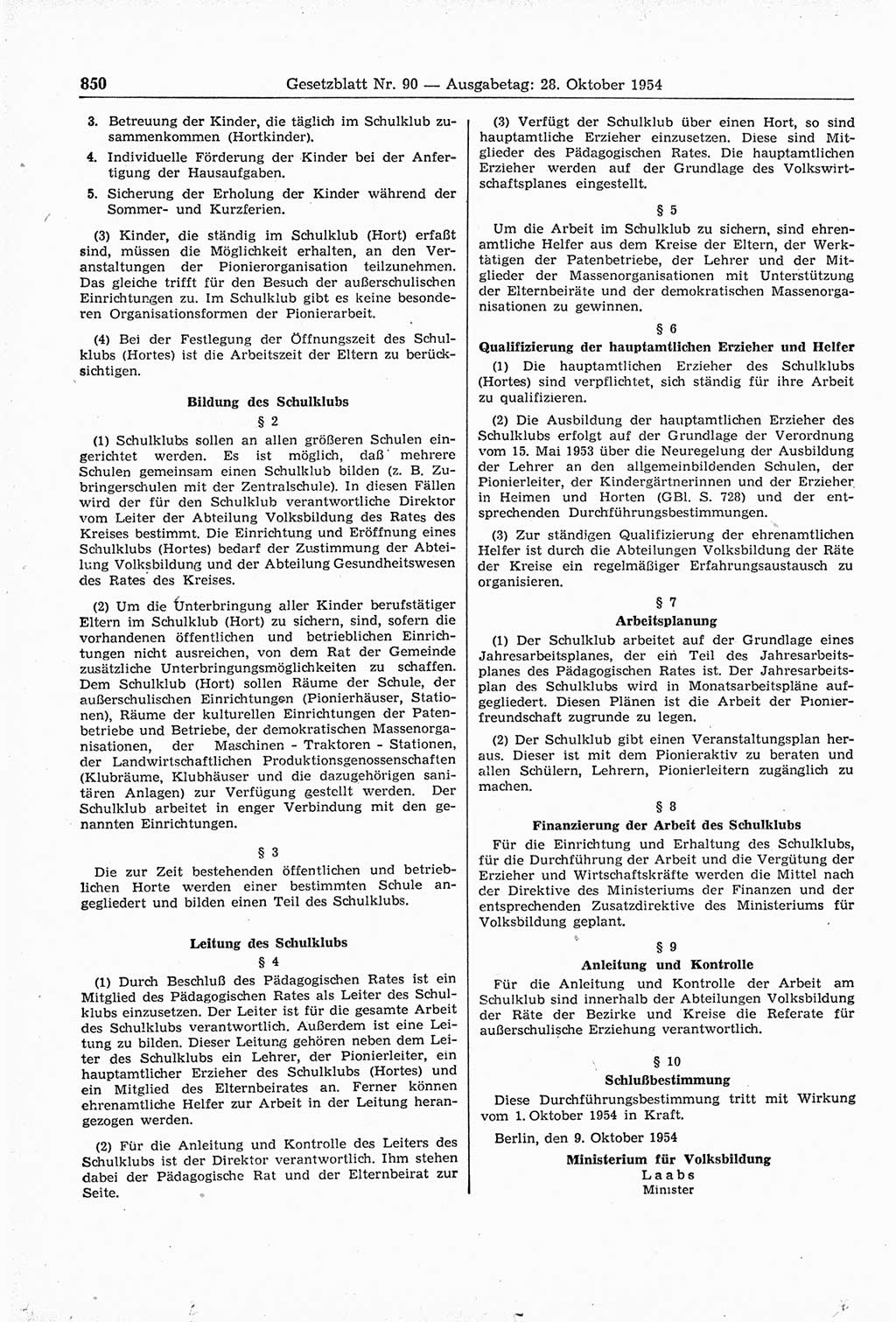 Gesetzblatt (GBl.) der Deutschen Demokratischen Republik (DDR) 1954, Seite 850 (GBl. DDR 1954, S. 850)
