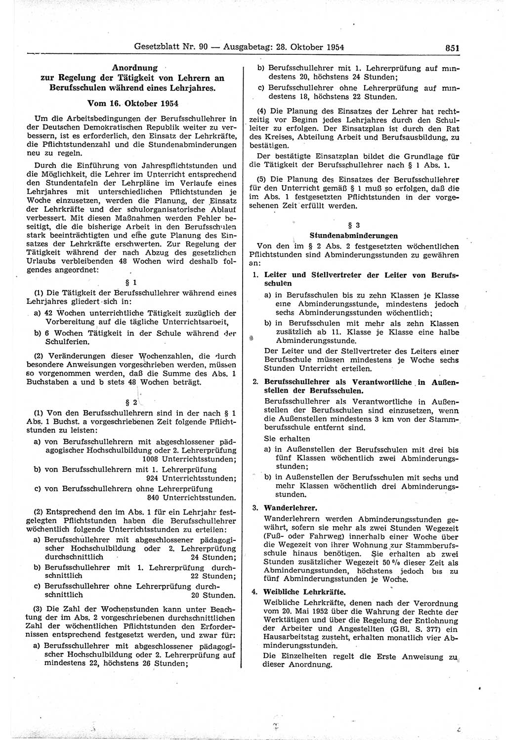 Gesetzblatt (GBl.) der Deutschen Demokratischen Republik (DDR) 1954, Seite 851 (GBl. DDR 1954, S. 851)