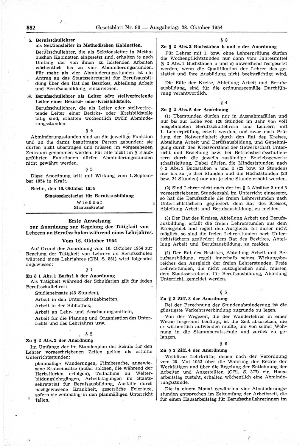 Gesetzblatt (GBl.) der Deutschen Demokratischen Republik (DDR) 1954, Seite 852 (GBl. DDR 1954, S. 852)