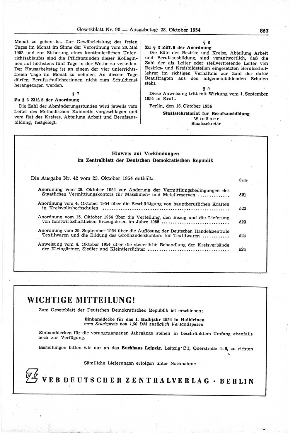 Gesetzblatt (GBl.) der Deutschen Demokratischen Republik (DDR) 1954, Seite 853 (GBl. DDR 1954, S. 853)