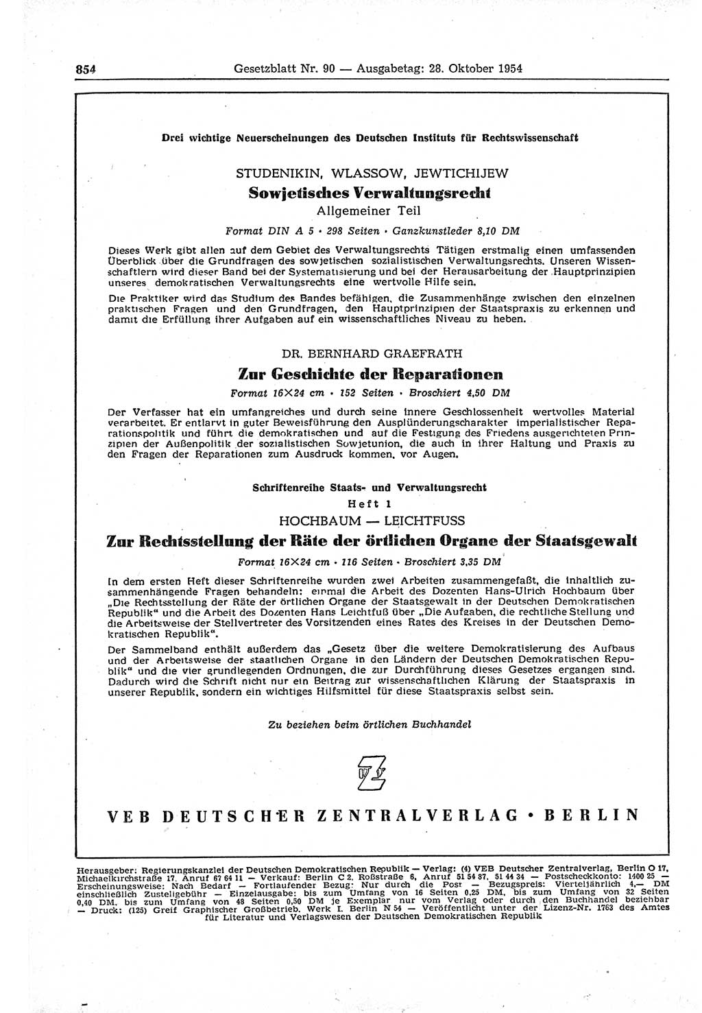 Gesetzblatt (GBl.) der Deutschen Demokratischen Republik (DDR) 1954, Seite 854 (GBl. DDR 1954, S. 854)