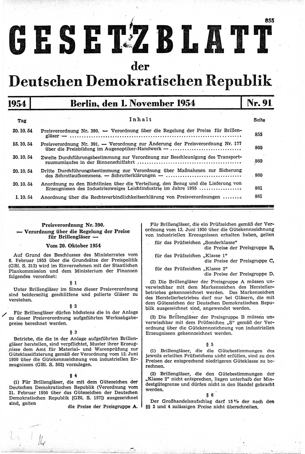 Gesetzblatt (GBl.) der Deutschen Demokratischen Republik (DDR) 1954, Seite 855 (GBl. DDR 1954, S. 855)