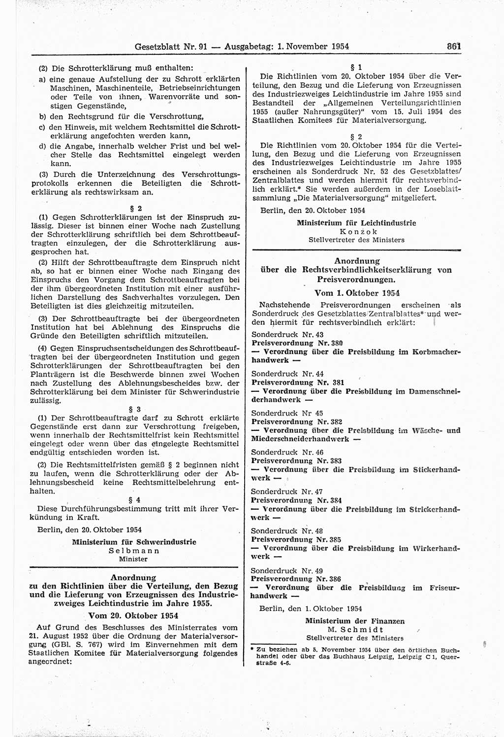 Gesetzblatt (GBl.) der Deutschen Demokratischen Republik (DDR) 1954, Seite 861 (GBl. DDR 1954, S. 861)