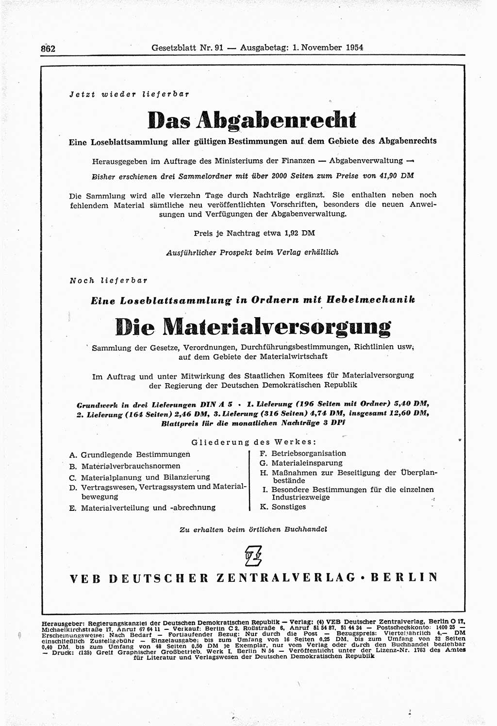 Gesetzblatt (GBl.) der Deutschen Demokratischen Republik (DDR) 1954, Seite 862 (GBl. DDR 1954, S. 862)