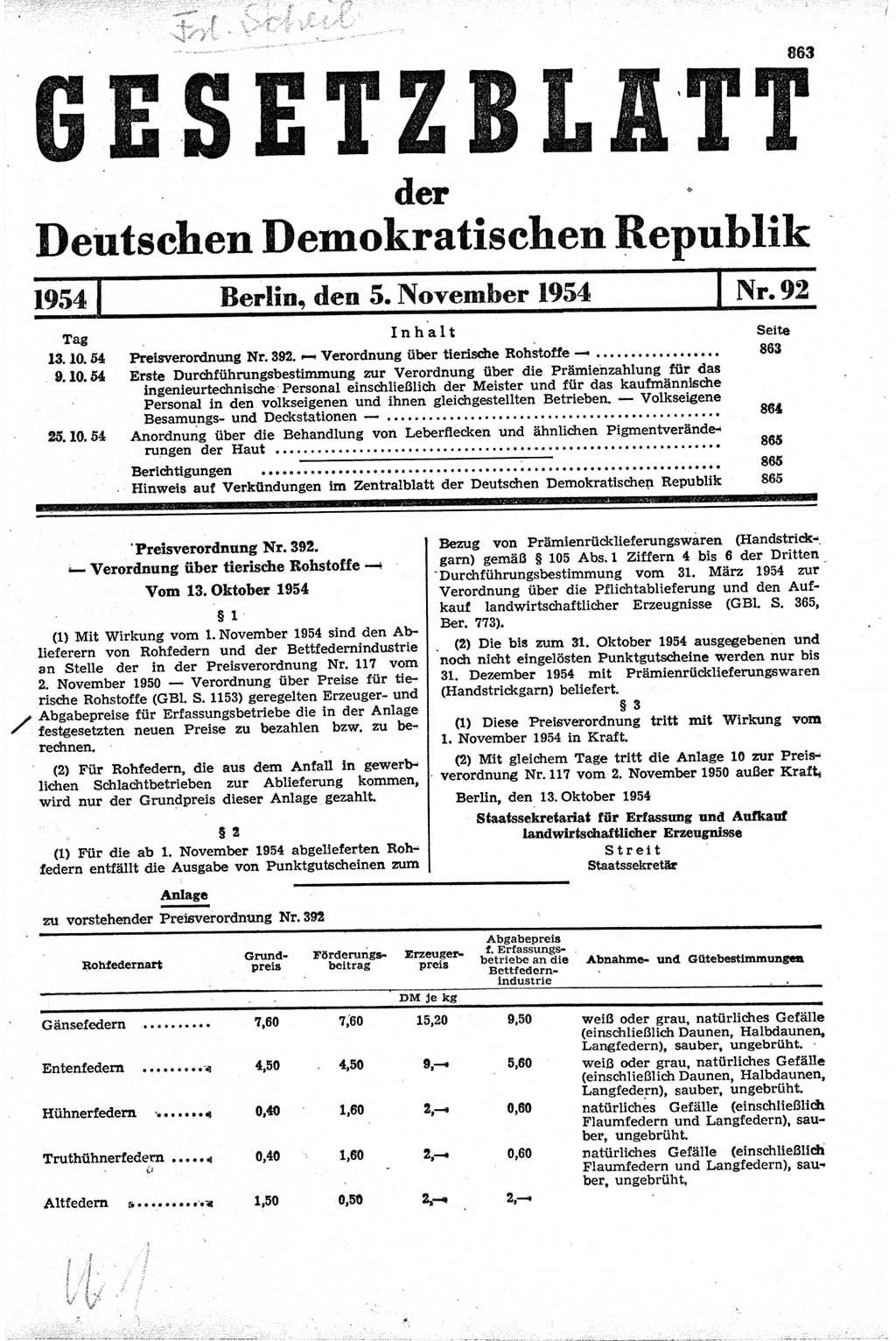 Gesetzblatt (GBl.) der Deutschen Demokratischen Republik (DDR) 1954, Seite 863 (GBl. DDR 1954, S. 863)