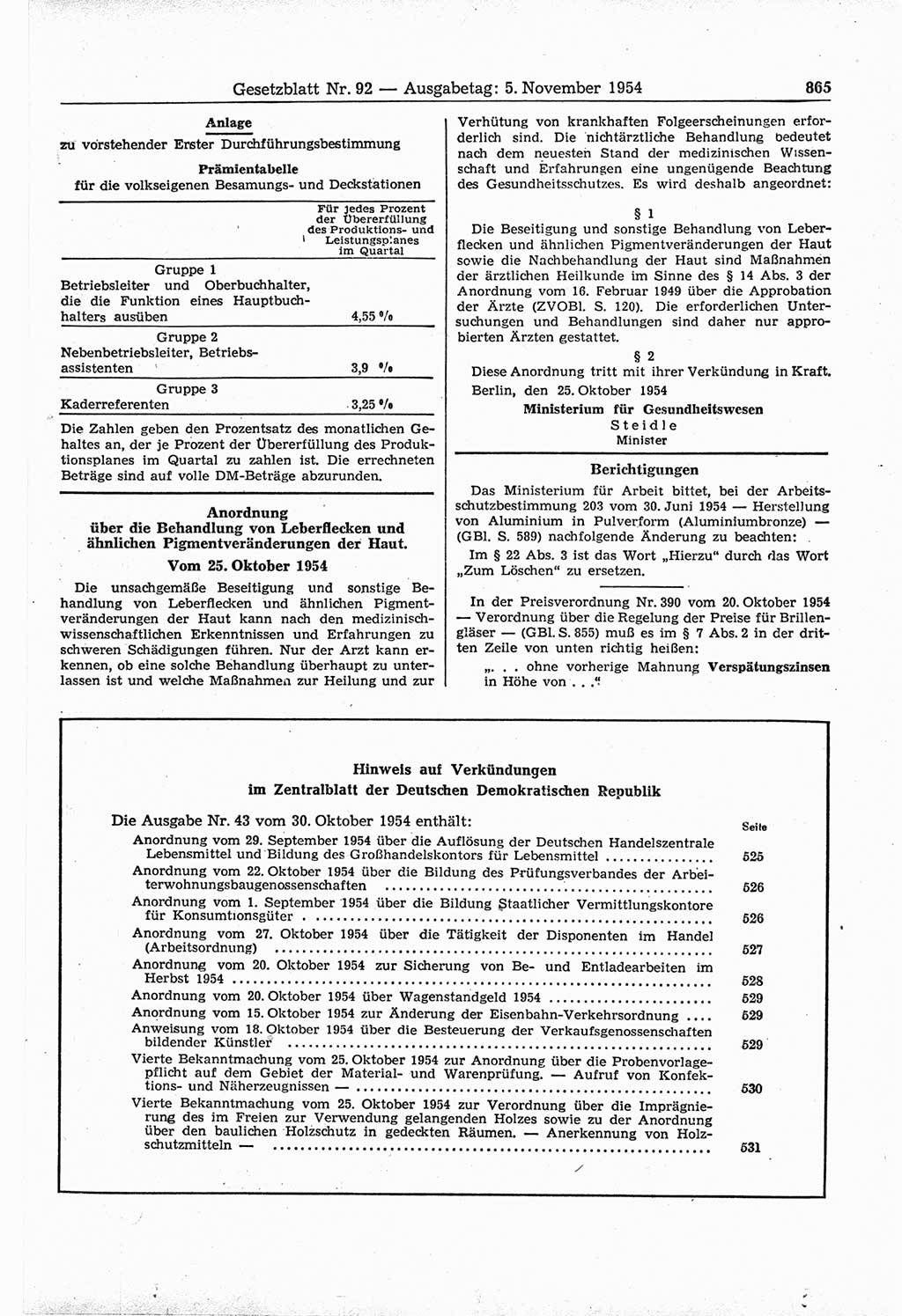 Gesetzblatt (GBl.) der Deutschen Demokratischen Republik (DDR) 1954, Seite 865 (GBl. DDR 1954, S. 865)