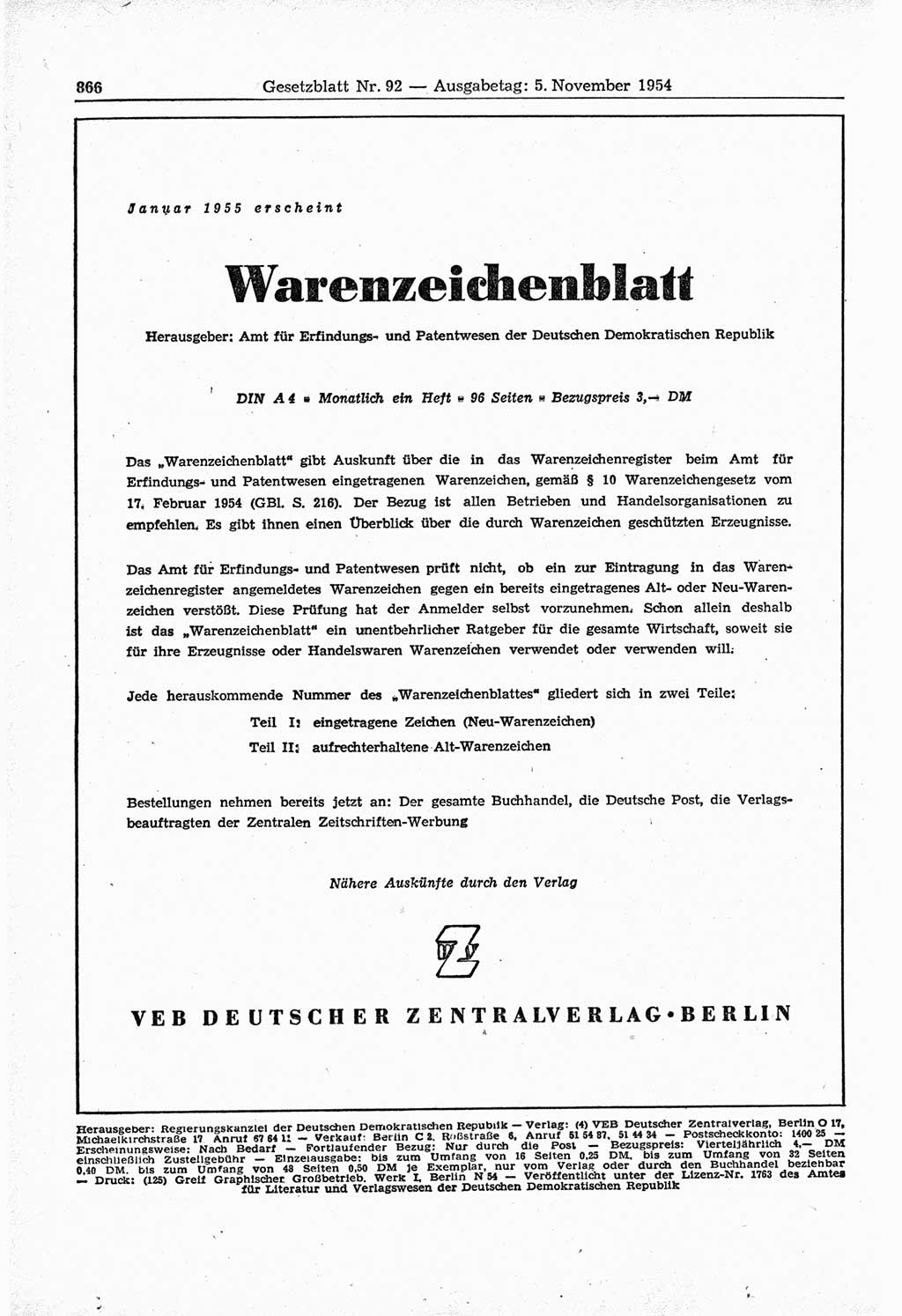 Gesetzblatt (GBl.) der Deutschen Demokratischen Republik (DDR) 1954, Seite 866 (GBl. DDR 1954, S. 866)
