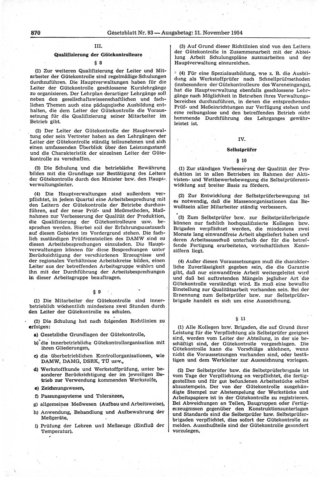 Gesetzblatt (GBl.) der Deutschen Demokratischen Republik (DDR) 1954, Seite 870 (GBl. DDR 1954, S. 870)