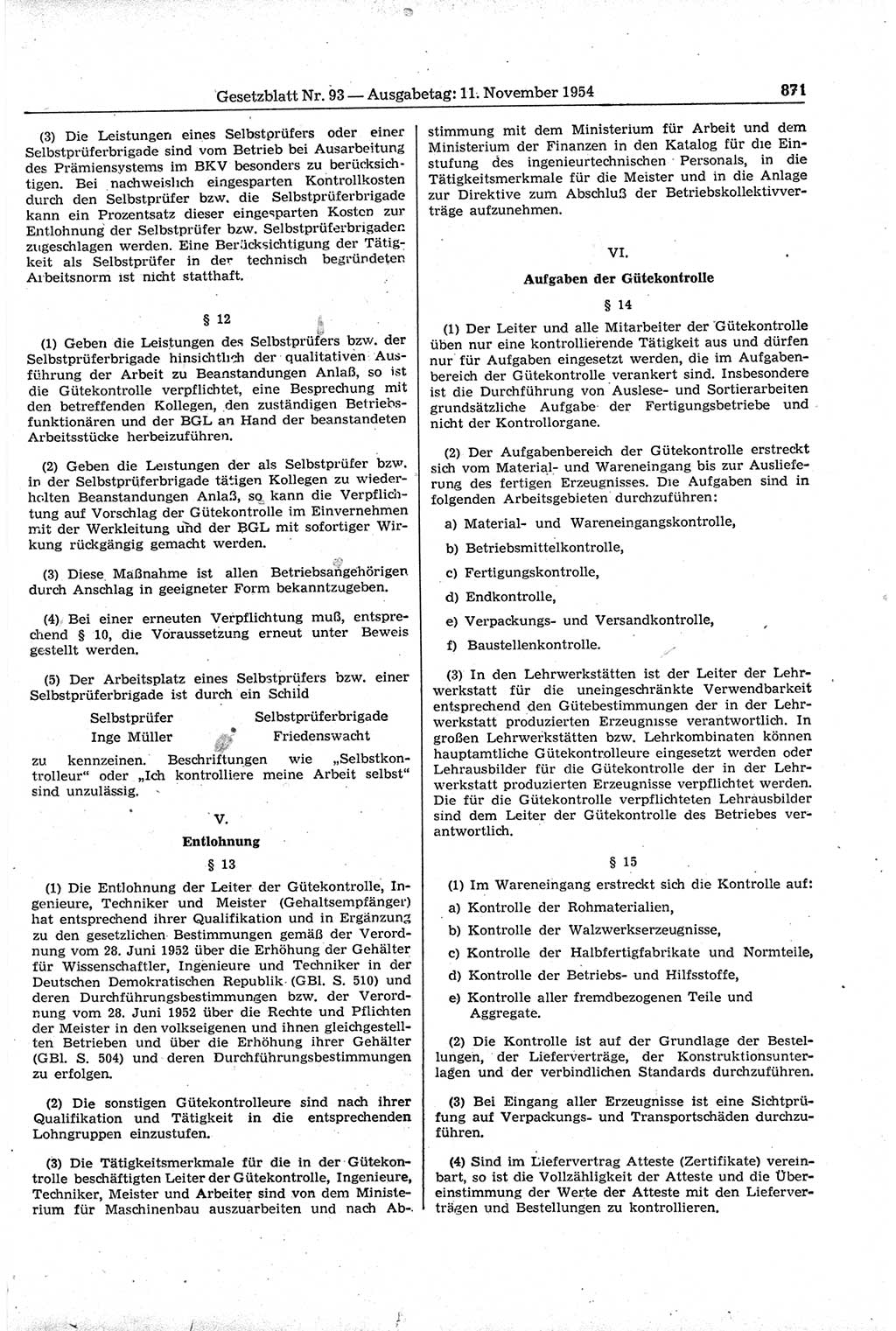 Gesetzblatt (GBl.) der Deutschen Demokratischen Republik (DDR) 1954, Seite 871 (GBl. DDR 1954, S. 871)