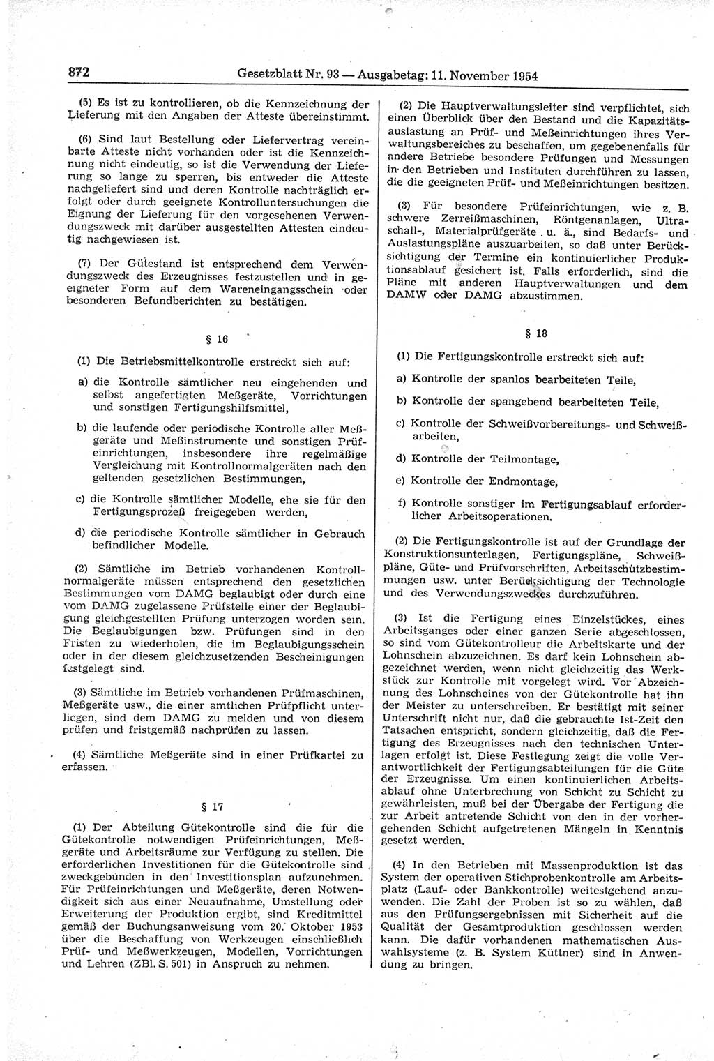 Gesetzblatt (GBl.) der Deutschen Demokratischen Republik (DDR) 1954, Seite 872 (GBl. DDR 1954, S. 872)