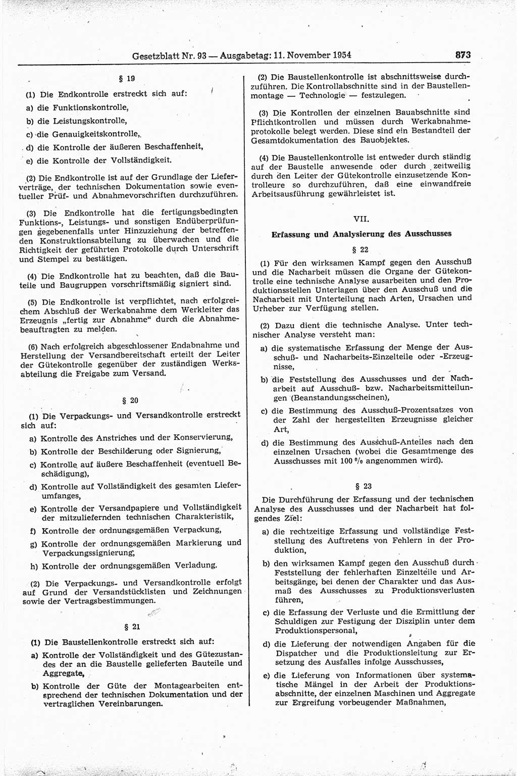 Gesetzblatt (GBl.) der Deutschen Demokratischen Republik (DDR) 1954, Seite 873 (GBl. DDR 1954, S. 873)